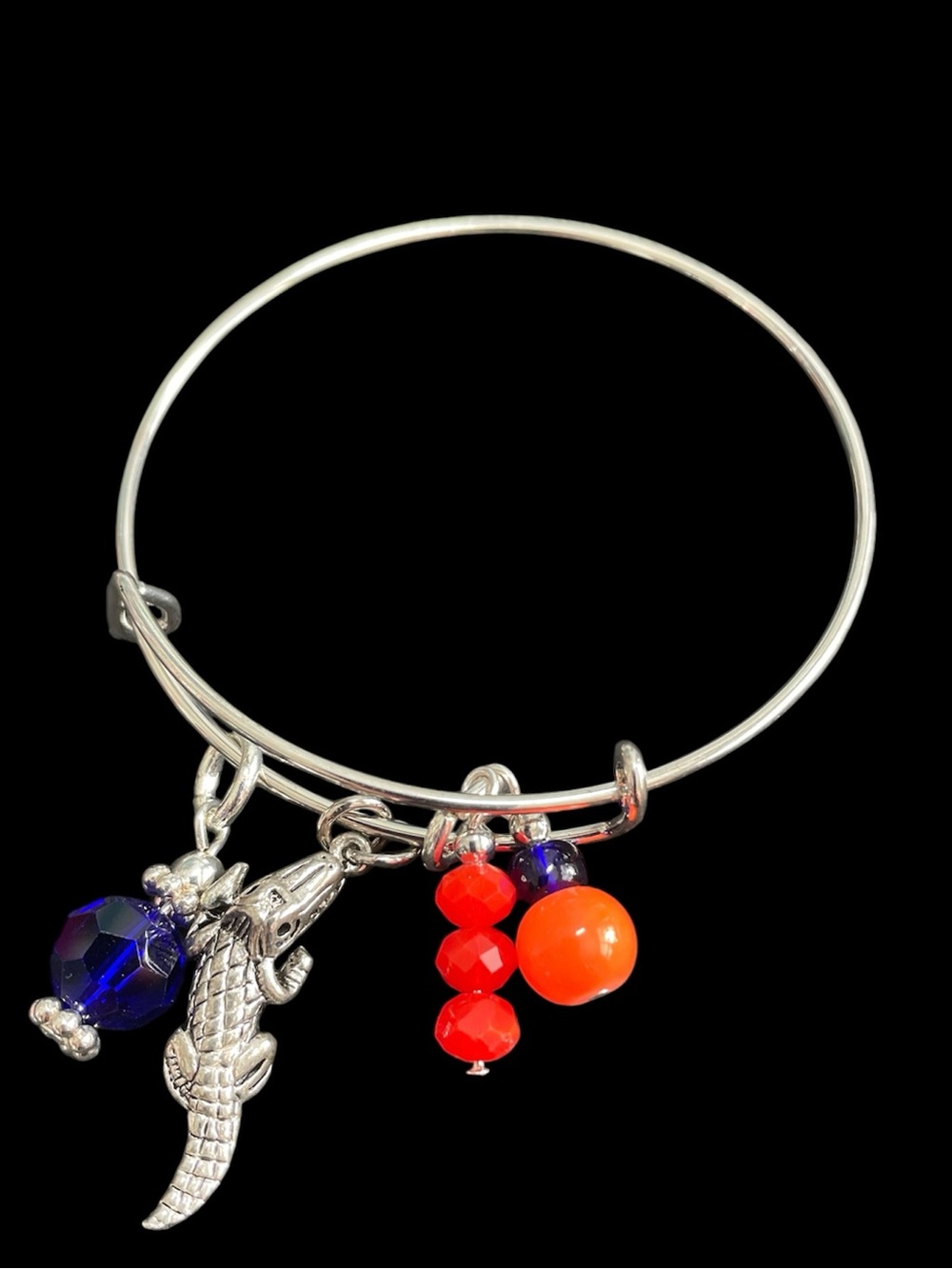 Stainless steel Alligator Charm Bangle with Orange and Navy Beads